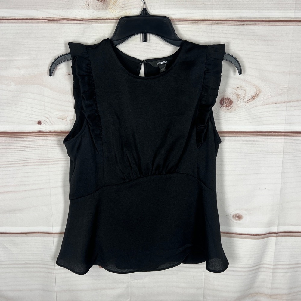 Express Top Womens Small‎ Black Flutter Sleeve Blouse Satin Crew Neck Solid
